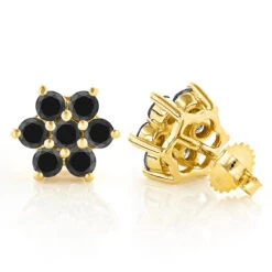 3 Carat Black Diamond Stud Earrings Clusters 14K Yellow Gold