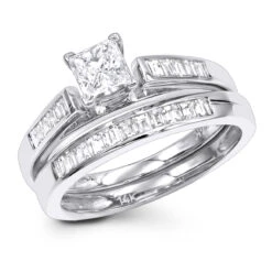 1 Carat Princess Diamond Engagement Ring Set With Band By Luxurman 14K White Gold