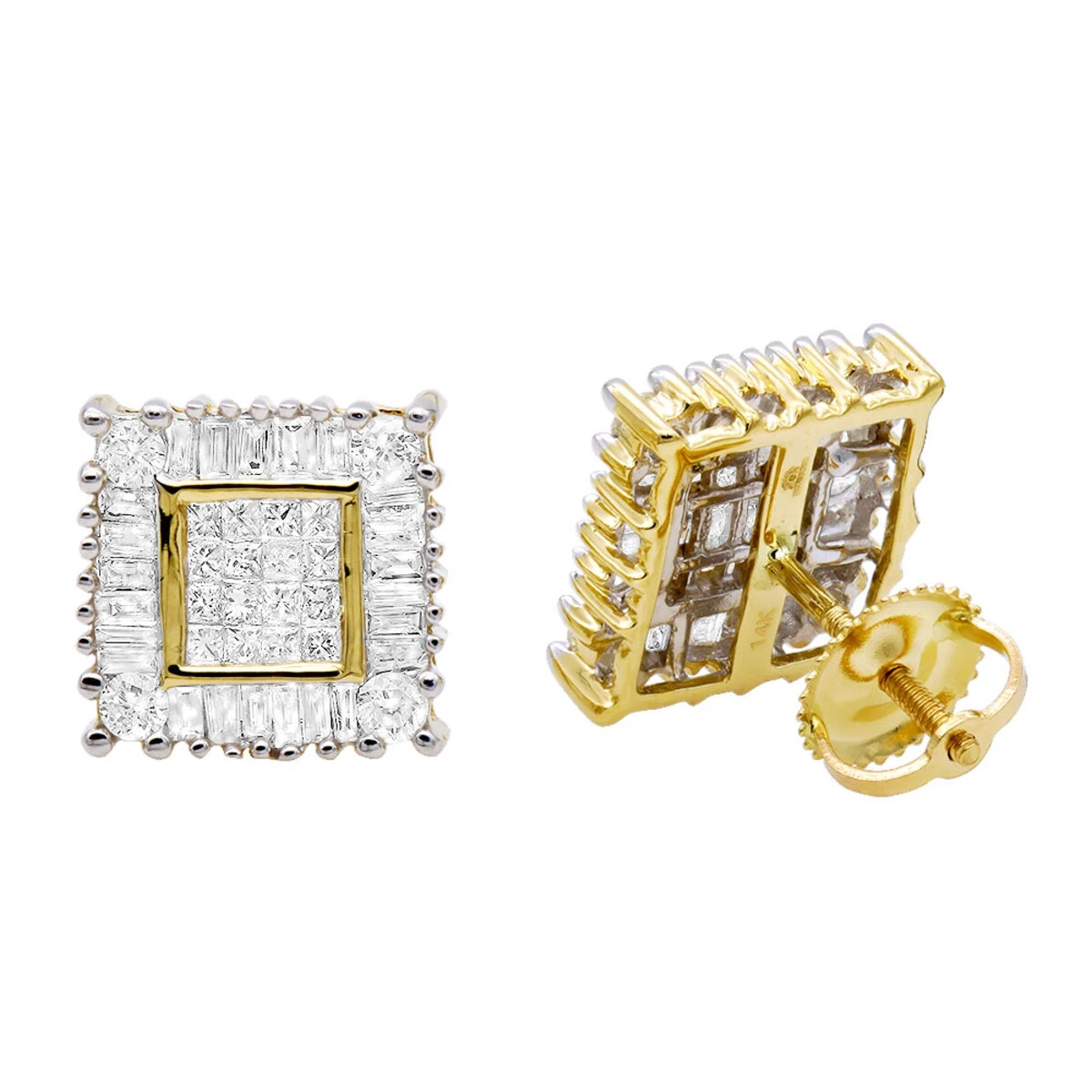 14K Yellow Gold Baguette Princess & Round Diamond Earrings 1.01ct 1 14K Yellow Gold Baguette Princess & Round Diamond Earrings 1.01ct