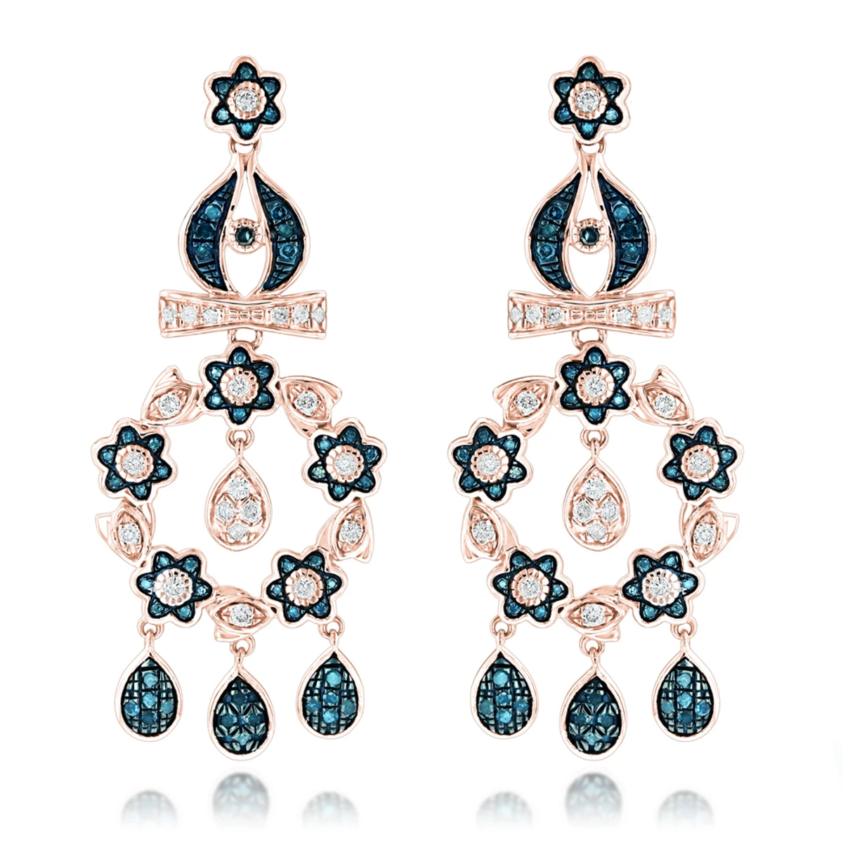 14K White Gold Blue Diamond Flower Chandelier Earrings 1.61ct 3 14K White Gold Blue Diamond Flower Chandelier Earrings 1.61ct - Image 3