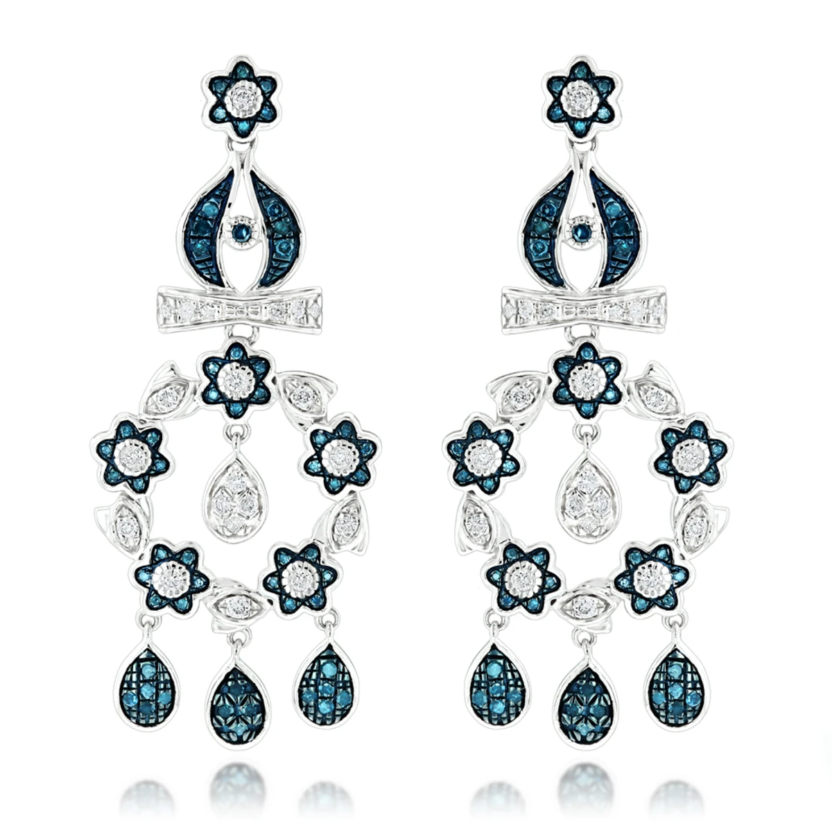 14K White Gold Blue Diamond Flower Chandelier Earrings 1.61ct 1 14K White Gold Blue Diamond Flower Chandelier Earrings 1.61ct