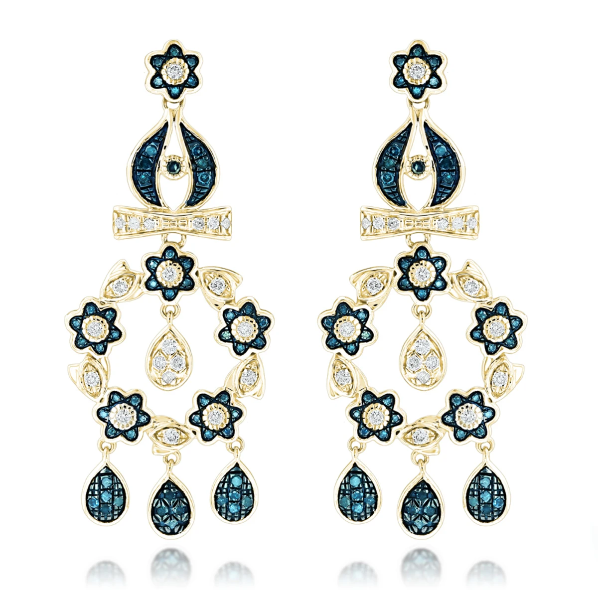 14K White Gold Blue Diamond Flower Chandelier Earrings 1.61ct 2 14K White Gold Blue Diamond Flower Chandelier Earrings 1.61ct - Image 2