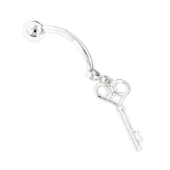 14K White Gold Dangling Key Diamond Belly Button Ring .14ct -Borcely Jewelry Sales 14k dangling key diamond belly button ring 14ct p 35765 backwh