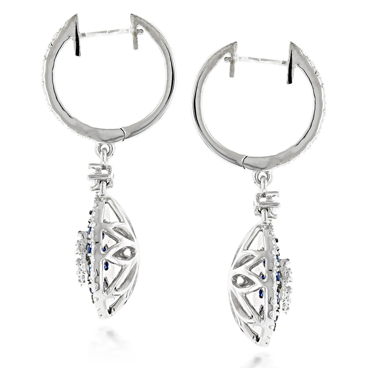 14K White Gold Blue Sapphire And White Diamond Drop Earrings For Women 2 Carats 4 14K White Gold Blue Sapphire And White Diamond Drop Earrings For Women 2 Carats - Image 4
