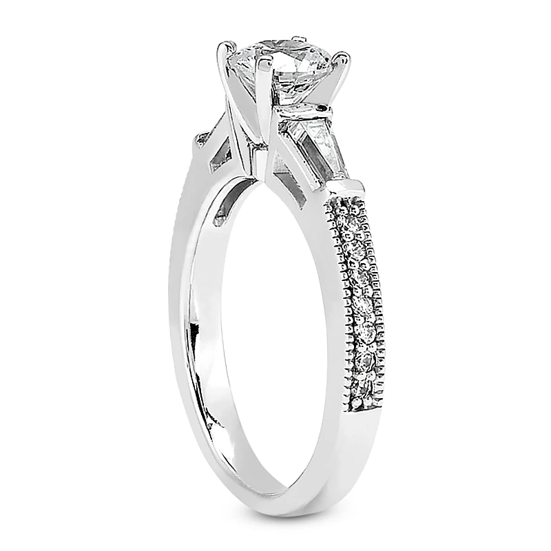 14K White Gold Round And Baguette Diamond Designer Engagement Ring 0.88ct 4 14K White Gold Round And Baguette Diamond Designer Engagement Ring 0.88ct - Image 4