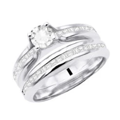 14K White Gold Handmade Diamond Designer Engagement Ring Set 1.76ct