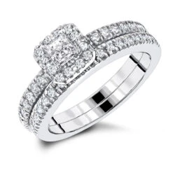 14K White Gold Halo Diamond Unique Engagement Ring And Band Set 1 Carat