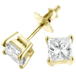 Classic 14K Yellow Gold Diamond Studs Earrings Princess 0.75 4mm