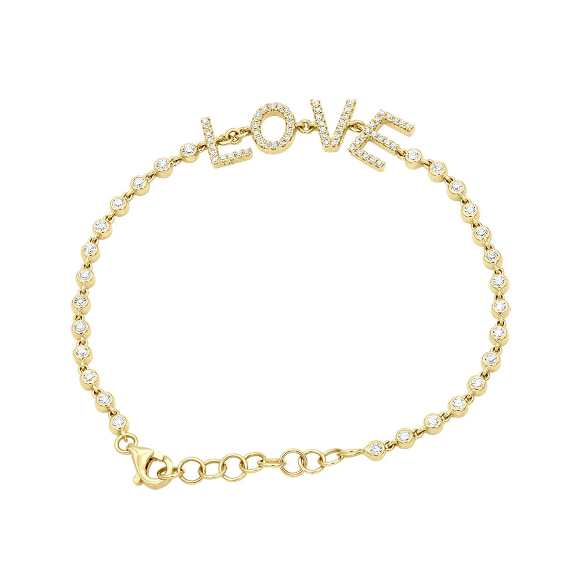 14K Yellow Gold Inline Diamond Tennis Bracelet For Women With LOVE Round Diamonds 0.8ct 1 14K Yellow Gold Inline Diamond Tennis Bracelet For Women With LOVE Round Diamonds 0.8ct