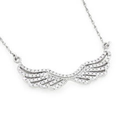 14K White Gold Ladies Diamond Wings Necklace Pendant By Luxurman
