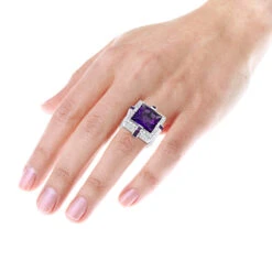 14K White Gold Large Diamond Amethyst Cocktail Ring For Women By Luxurman 14ct -Borcely Jewelry Sales 14k gold large diamond amethyst cocktail ring for women by luxurman 14ct bodwh