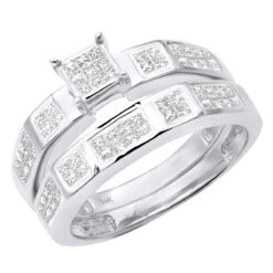 14K White Gold Invisible Set Princess Cut Diamond Engagement Ring Bridal Set 1.19