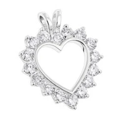 14K White Gold Round Diamond Open Heart Pendant For Women 1.9ct
