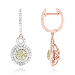 14K White Gold White Yellow Diamond Cluster Fashion Ladies Drop Earrings 1.45ct -Borcely Jewelry Sales 14k gold white yellow diamond cluster fashion ladies drop earrings 145ct ro