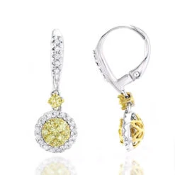 14K White Gold White Yellow Diamond Drop Earrings 1.2ct Women's Dangle Hoops