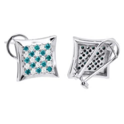 Unique 14K White Gold White Blue Diamond Earrings Square Studs 1.60ct
