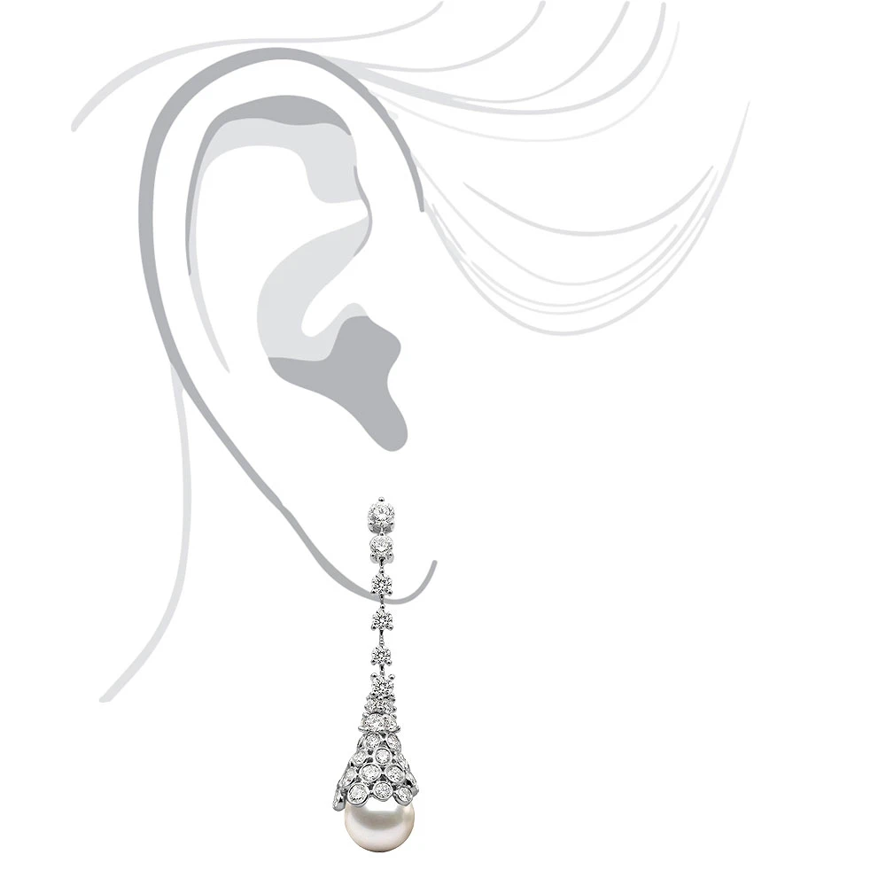 18K White Gold Diamond And Pearl Drop Earrings For Women 4.5 Carats F VS Diamonds 4 18K White Gold Diamond And Pearl Drop Earrings For Women 4.5 Carats F VS Diamonds - Image 4