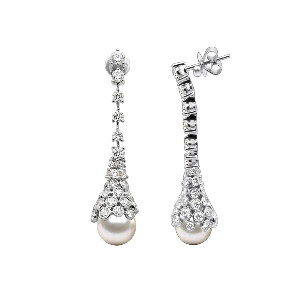 18K White Gold Diamond And Pearl Drop Earrings For Women 4.5 Carats F VS Diamonds 1 18K White Gold Diamond And Pearl Drop Earrings For Women 4.5 Carats F VS Diamonds