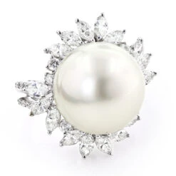 18K White Gold Ladies Pearl & Marquise Diamond Ring For Women 2.92ct