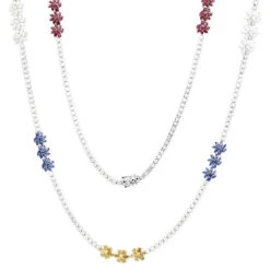 18K White Gold Ruby & Sapphire White Yellow Diamond Flower Necklace For Women 33c