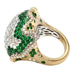 18K Yellow Gold Womens Statement Ring Unique 11 Carat Diamond Emerald Ladies Ring -Borcely Jewelry Sales 18k gold womens statement ring unique 11 carat diamond and emerald ladies ring back yellow