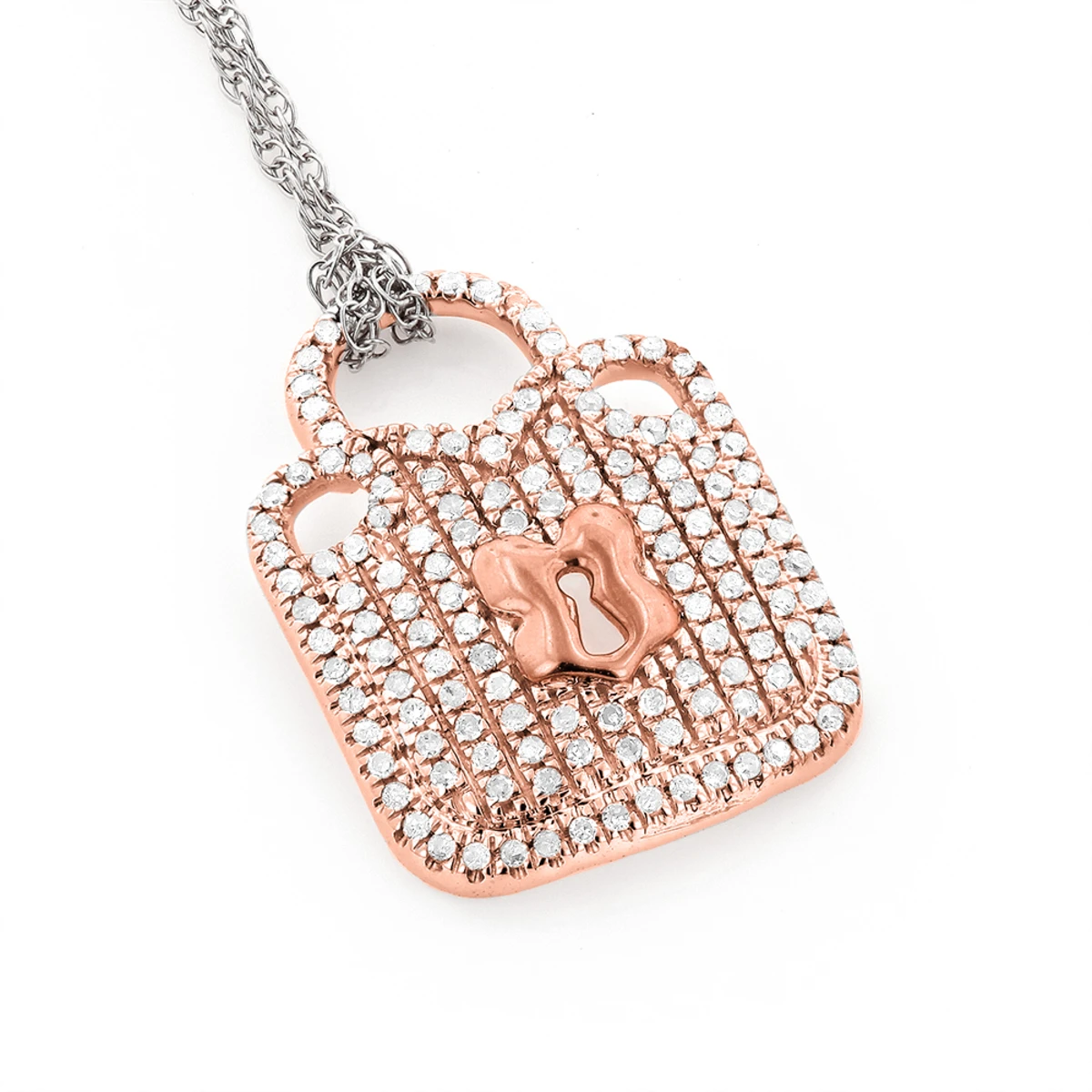 Real White & 10K White/Rose Gold Ladies Diamond Lock Pendant Necklace 0.3ct 3 Real White & 10K White/Rose Gold Ladies Diamond Lock Pendant Necklace 0.3ct - Image 3