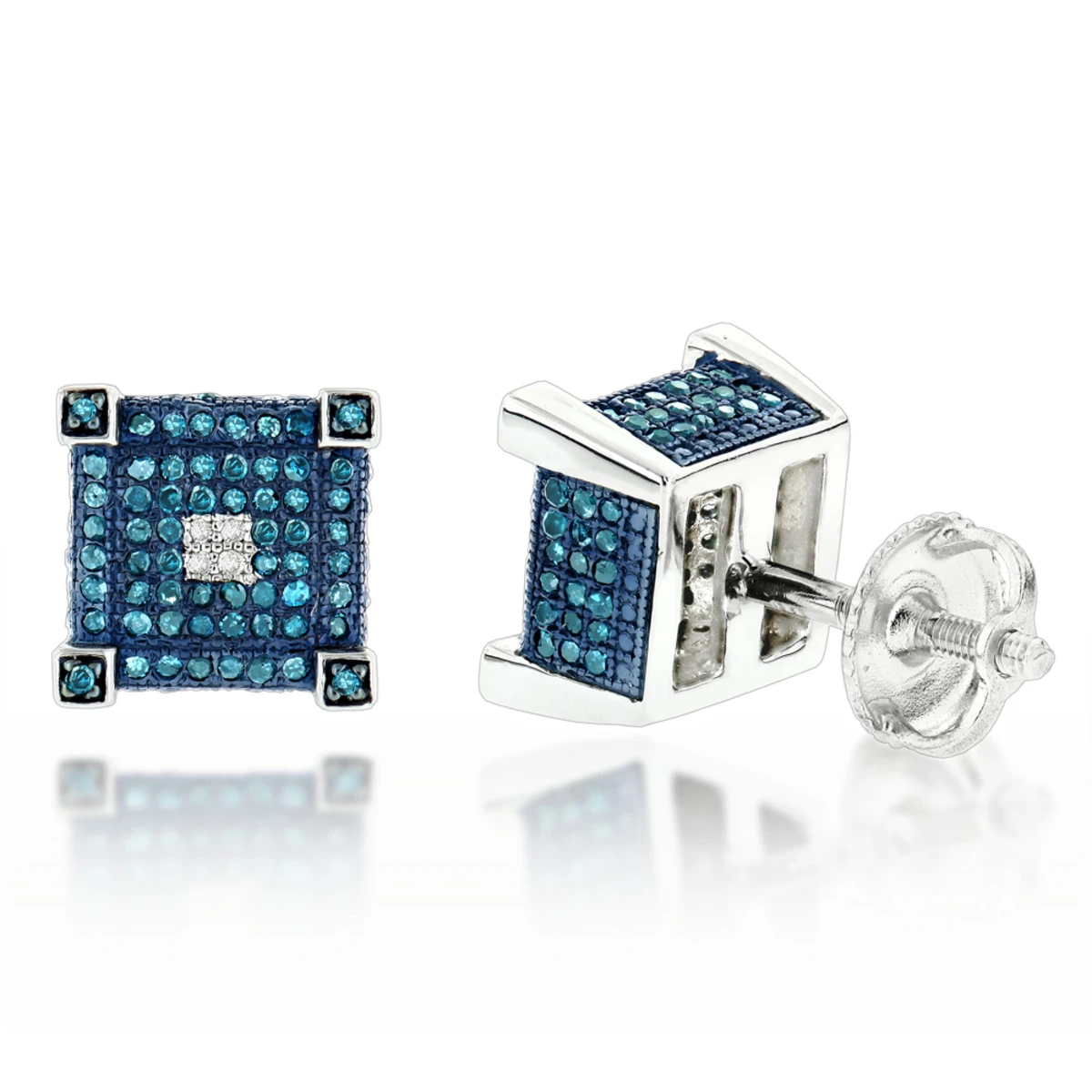 Blue White Diamond Earrings Studs 0.61ct Sterling Silver 1 Blue White Diamond Earrings Studs 0.61ct Sterling Silver