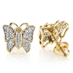 Butterfly Earrings Diamond Studs 0.45ct Solid 14K Yellow Gold