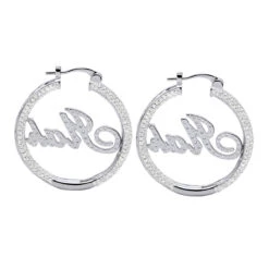 Custom Inside Out Diamond Hoop Earrings With Initials Nameplate 14K Yellow Gold -Borcely Jewelry Sales custom inside out diamond hoop earrings with initials nameplate 14k gold 100657 back white