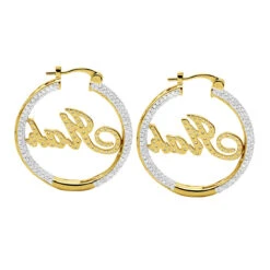 Custom Inside Out Diamond Hoop Earrings With Initials Nameplate 14K Yellow Gold -Borcely Jewelry Sales custom inside out diamond hoop earrings with initials nameplate 14k gold 100657 back yellow