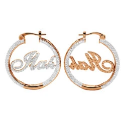 Custom Inside Out Diamond Hoop Earrings With Initials Nameplate 14K Yellow Gold -Borcely Jewelry Sales custom inside out diamond hoop earrings with initials nameplate 14k gold 100657 box rose
