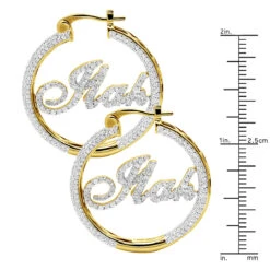 Custom Inside Out Diamond Hoop Earrings With Initials Nameplate 14K Yellow Gold -Borcely Jewelry Sales custom inside out diamond hoop earrings with initials nameplate 14k gold 100657 ruler yellow