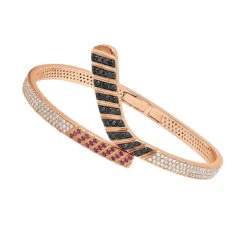 Custom Made 14K White Gold Hockey Stick Rubies White Black Diamond Bangle Bracelet -Borcely Jewelry Sales custom made 14k gold hockey stick rubies white black diamond bangle bracelet 100033 ro