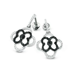 Dangling Flower Earrings With Black And White Diamonds 0.53ct 14K White Gold