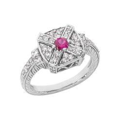 Designer Diamond And Ruby Ring 14K White Gold 0.48ctd 0.15ctr