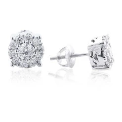 Diamond Cluster Stud Earrings 14K White Gold 1.38ct