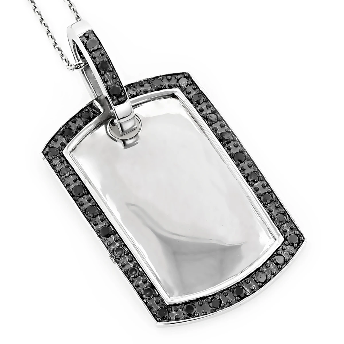 Engravable Small 14K White Gold Black Diamond Dog Tag Pendant .80ct 1 Engravable Small 14K White Gold Black Diamond Dog Tag Pendant .80ct