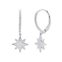 Drop Earrings Solid 14K White Gold Genuine Diamond Star Earrings Dangles For Women
