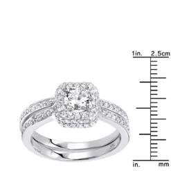 14K White Gold 1.5 Carat Cushion Cut Diamond Engagement Ring & Band Bridal Set -Borcely Jewelry Sales jewelry 14k gold 15 carat cushion cut diamond engagement ring band bridal set 000730 rulerwh