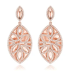 Diamond Flower Earrings For Women 14K Rose Gold Drop Earrings Leafs Design 1 Carat