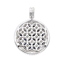 Royal Halo Round Shape Diamond Pendant For Women With Sapphires 14K White Gold -Borcely Jewelry Sales jewelry royal halo round shape diamond pendant for women with sapphires 14k gold backwh 1