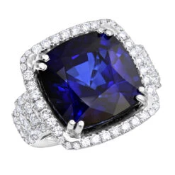 Unique 29.33 Carat Radiant Blue Sapphire & Diamond Ring For Women 18K White Gold
