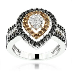 Ladies White Brown Black Diamond Ring 1.11ct 14K White Gold