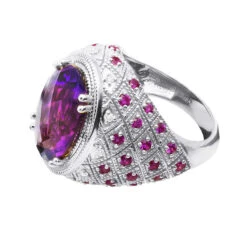 Large Amethyst Cocktail Ring With Diamonds And Pink Sapphires 18K Yellow Gold -Borcely Jewelry Sales large amethyst cocktail ring with diamonds and pink sapphires 18k gold backwh