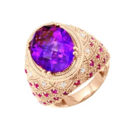 Large Amethyst Cocktail Ring With Diamonds And Pink Sapphires 18K Yellow Gold -Borcely Jewelry Sales large amethyst cocktail ring with diamonds and pink sapphires 18k gold ro