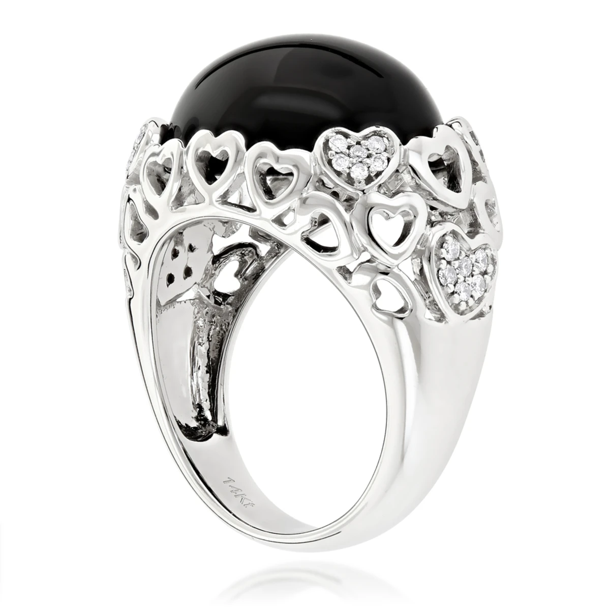 Right Hand Diamond Fashion Luxurman Onyx And Hearts Ring 14K White Gold 4 Right Hand Diamond Fashion Luxurman Onyx And Hearts Ring 14K White Gold - Image 4