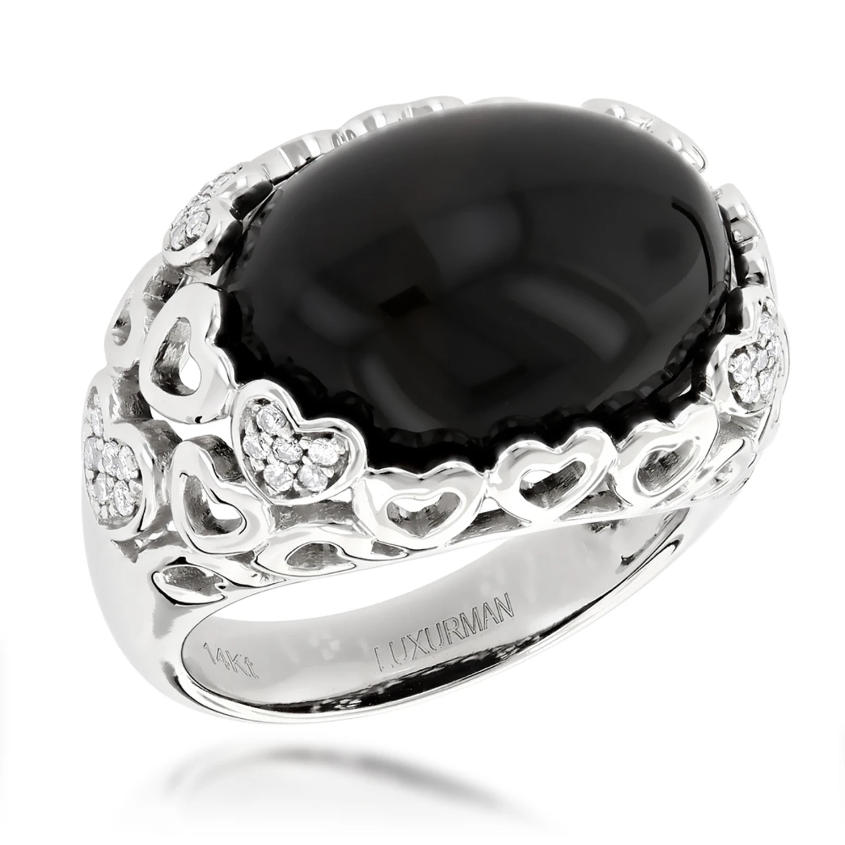 Right Hand Diamond Fashion Luxurman Onyx And Hearts Ring 14K White Gold 1 Right Hand Diamond Fashion Luxurman Onyx And Hearts Ring 14K White Gold