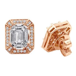 Unique 18K White Gold Emerald Cut Diamond Stud Earrings Halo Design 2.5ct -Borcely Jewelry Sales unique 18k gold emerald cut diamond stud earrings halo design 25ct 803202 rose