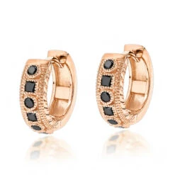 Unique Small Diamond Hoop Earring: Black Diamond Huggies 14K Yellow Gold 0.85ct -Borcely Jewelry Sales unique small diamond hoop earring black diamond huggies in 14k gold 085ct ro